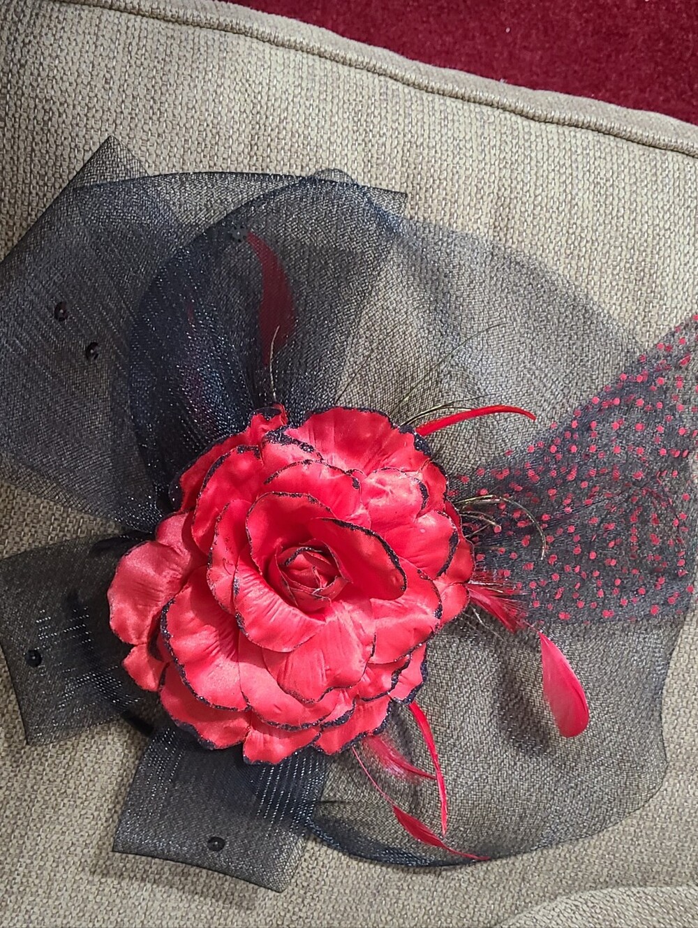 Claire's Red and Black Floral Feather Hair Fascinator NWT